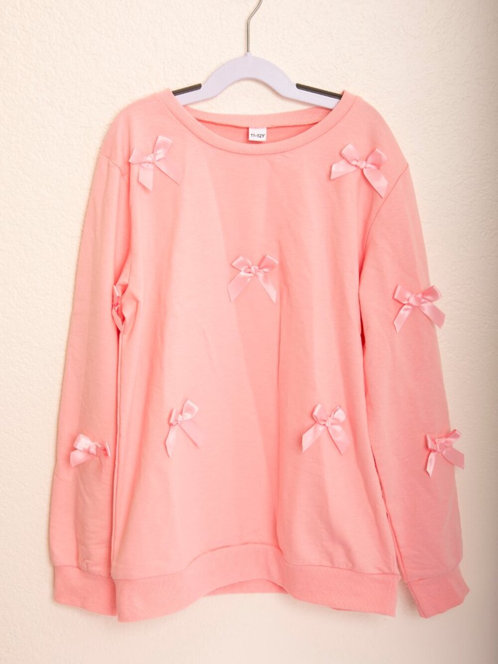 Girls Pink Long Sleeve Sweater Size 11 Size 12 Cute Bow Detail Thin Lightweight